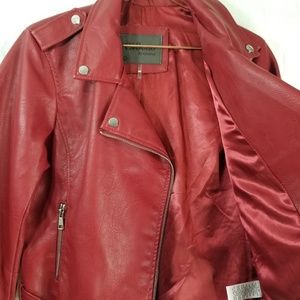 NWOT Red Vegan Leather Biker Jacket, Sz L